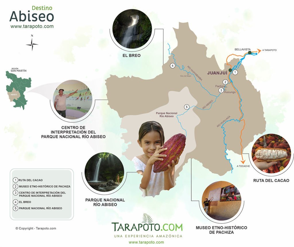 Mapa turístico del destino Abiseo (San Martín, Perú)